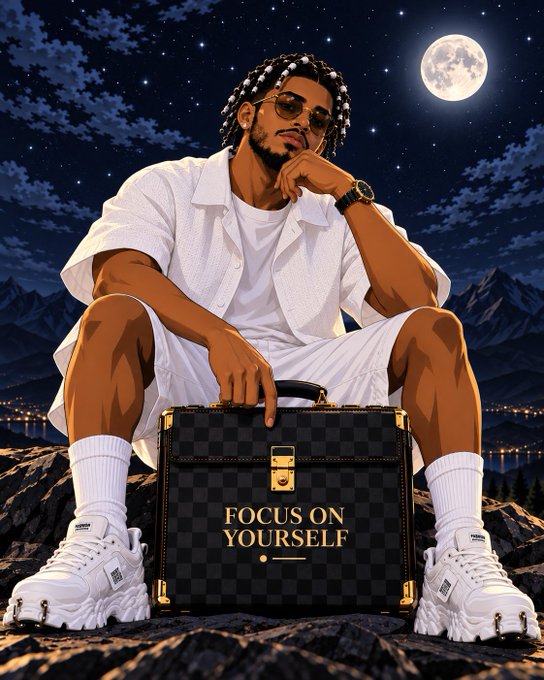 A stylized digital illustration of a man with braided hair, sunglasses, and a beard wearing a white shirt, shorts, and chunky white sneakers, sitting on a black checkered briefcase inscribed with 'FOCUS ON YOURSELF' against a night sky with a full moon.
