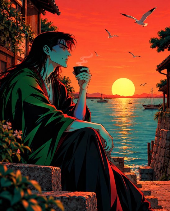An anime-style illustration depicts a long-haired figure in dark traditional clothing sitting on stone steps and drinking from a cup while overlooking a vibrant orange sunset over the sea.