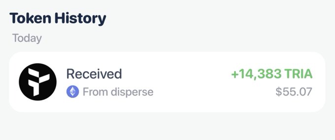 A Token History screen shows a received transaction of +14,383 TRIA tokens, valued at $55.07, from a disperse source.