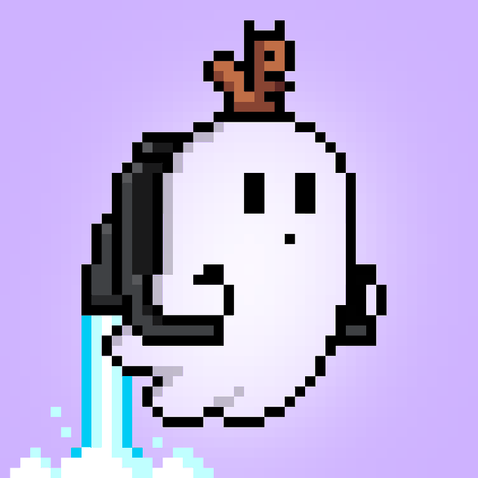 A pixel art illustration of a round, white ghost-like character with black eyes, standing under a running shower against a light purple background.