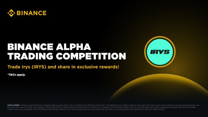 The image is an advertisement for the Bitcoin Alpha Trading Competition. The main focus of the image is a blue circle with white text that reads "Binance Alpha IRYS Trading Competition" and "Trade Irys (IRYS) and share in exclusive rewards!".