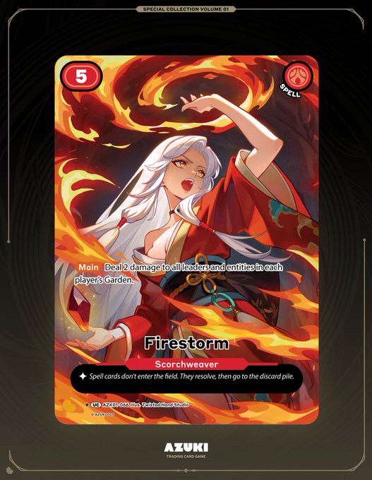 The image showcases the alternate art "Firestorm" Scorchweaver Spell card from the Azuki TCG Special Collection Volume 01, featuring a white-haired figure in red robes conjuring a swirling inferno. The card displays a cost of 5, a "Main" ability dealing 2 damage to all leaders and entities in each player's Garden, and a Spelltrait noting that Spells don't enter the field, with the Azuki logo at the bottom.