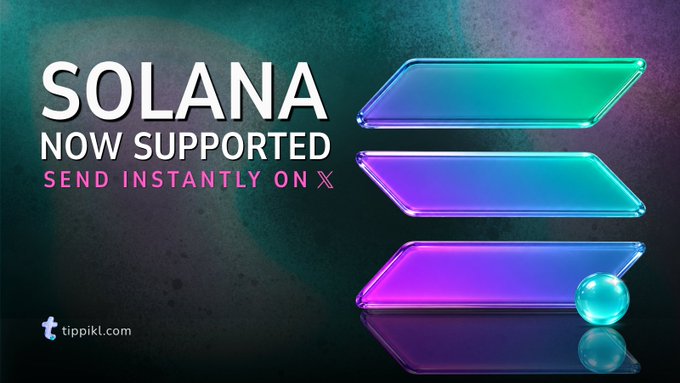 The image is a promotional graphic announcing "SOLANA NOW SUPPORTED" with the tagline "SEND INSTANTLY ON X," featuring colorful purple and teal geometric shapes alongside the Tippikl logo, visually highlighting the post's announcement that Solana has been added as a supported token for instant tipping on X.