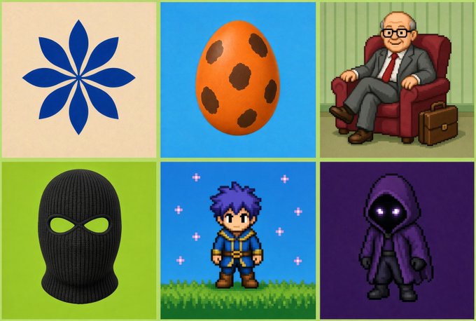 A 2x3 grid of cartoon-style images features a blue floral logo, a brown spotted egg, a bald man in a suit with a briefcase sitting in a red chair, a black balaclava with green eye holes, a pixel-art character with purple hair, and a dark hooded figure with glowing purple eyes.