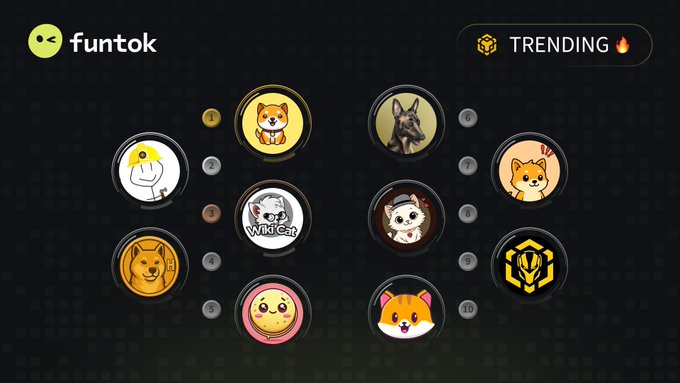 A 'funtok' interface showing 10 numbered circular avatar slots featuring various meme characters and animals, labeled 'TRENDING' with a fire emoji.