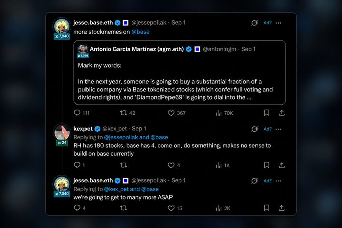 A screenshot of a Twitter thread on September 1 shows jesse.base.eth (@jessepollak) quoting Antonio García Martínez (@antoniogm), who predicts "someone is going to buy a substantial fraction of a public company via Base tokenized stocks." User kex_pet then replies noting that Robinhood offers 180 stocks while Base has only 4, asking Jesse to "do something." The thread illustrates the accompanying post's point about Base's tokenized equity shortage, as only 10 tokenized stocks exist on the platform versus Robinhood's ~190, which Jesse acknowledges by pledging to add "many more ASAP."