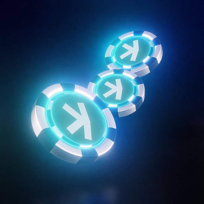Three glowing turquoise casino chips with the Kaspa "K" logo float against a dark blue background, visually representing the on-chain poker room concept where $KAS tokens would settle every hand transparently on Kaspa's base layer.