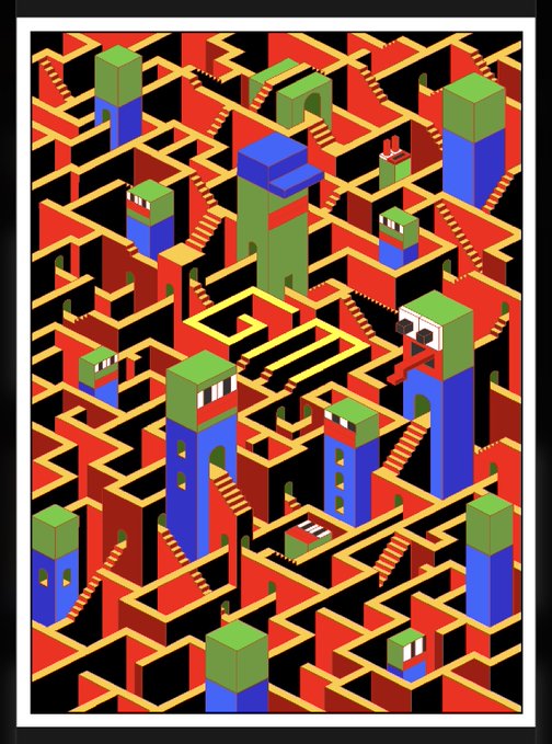 An isometric, surreal illustration shows a maze-like structure of red walls and yellow pathways containing blue towers with green tops, stairs, and small boxy creatures.