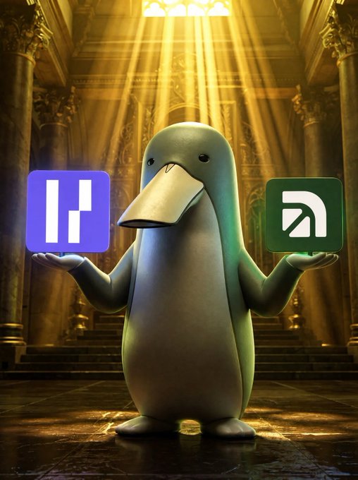 A 3D-rendered platypus stands in a grand, dimly lit hall with golden light streaming down, holding a purple 'H' logo (Hashflow) in one hand and a green logo in the other.