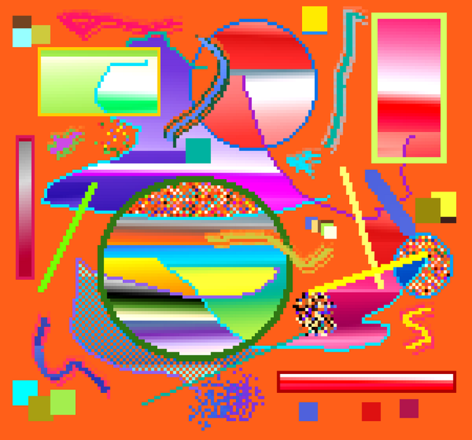 A vibrant digital artwork on an orange background featuring abstract geometric shapes, gradient spheres, checkered patterns, and pixel art elements in bright colors like purple, pink, green, and yellow.