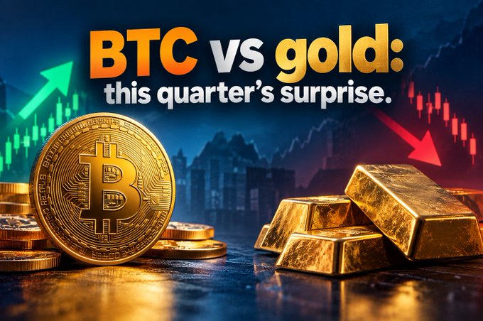 A promotional graphic titled "BTC vs gold: this quarter's surprise" features a glowing Bitcoin coin alongside stacked gold bars, with green upward and red downward candlestick charts in the background, illustrating the post's point that despite gold's sharper Monday drop, BTC has outperformed it significantly quarter-to-date with a 40%+ gain.