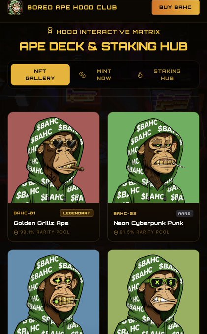 A webpage for "Bored Ape Hood Club" showing the "Ape Deck & Staking Hub" with NFT gallery options like "Mint Now" and "Staking Hub," displaying ape characters including "Golden Grilzz Ape" (Legendary, 99.1%) and "Neon Cyberpunk Punk" (Rare, 91.5%).