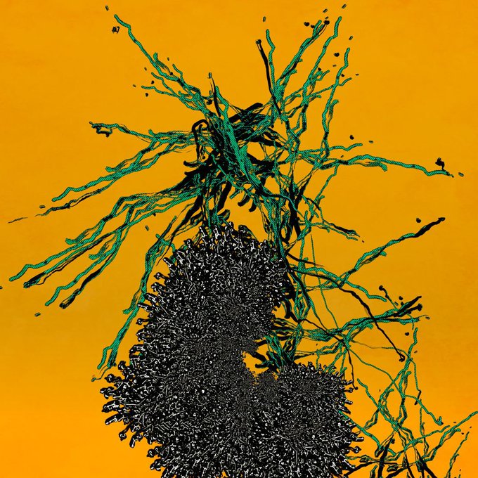 An abstract artwork shows a black tangled mass with green branches extending outward against a solid yellow background.