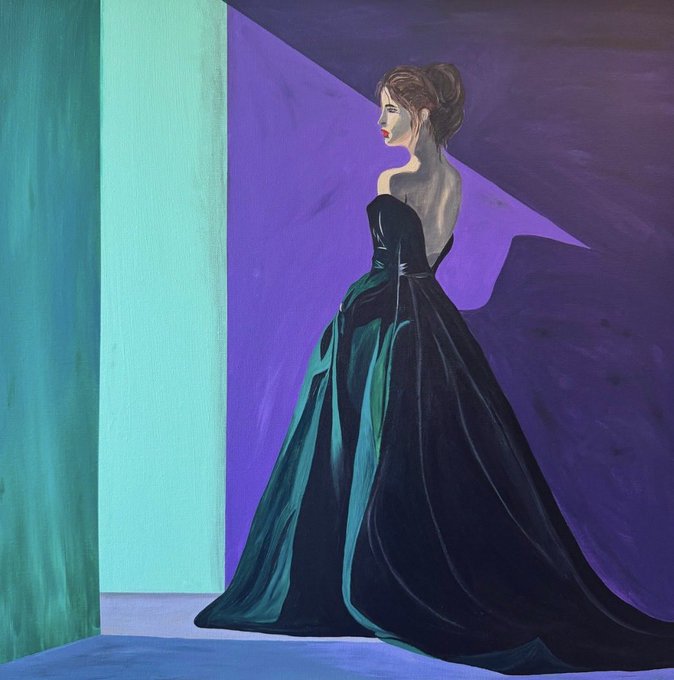A painting of a woman with an updo hairstyle wearing a long black gown, standing in a room with vibrant teal and purple geometric walls.