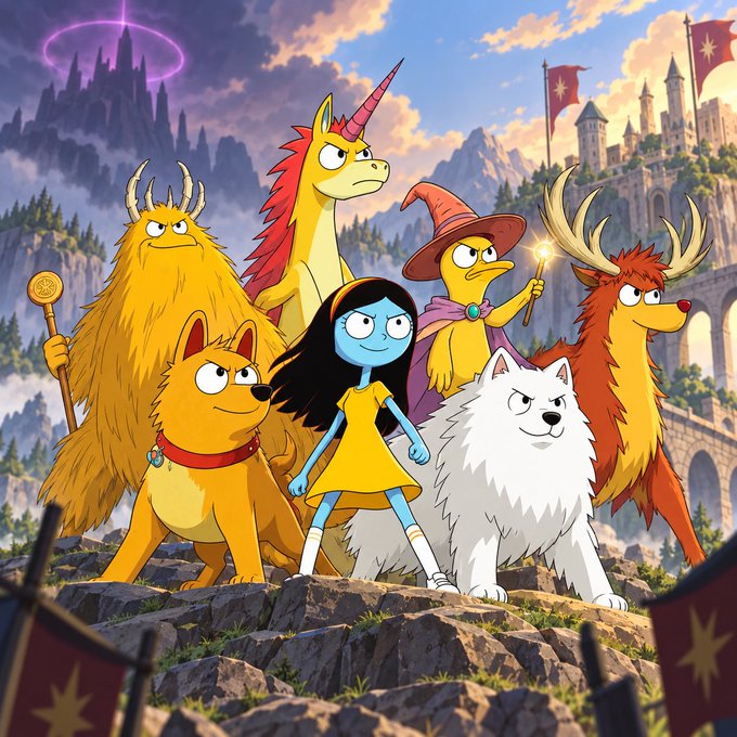 A cartoonish group of colorful creatures—including a unicorn, a witch-duck, a blue-skinned girl, a fluffy white wolf, a deer, a bigfoot-like yeti, and a fox-dog—stand heroically on a rocky cliff before a glowing, ominous dark castle and a bright sunlit kingdom. The whimsical, adventure-themed artwork visually sets the stage for the post's announcement, using the fantasy gathering as a metaphor for the NFT public sale event beginning September 18 at 4 PM CEST at 0.75 SOL.