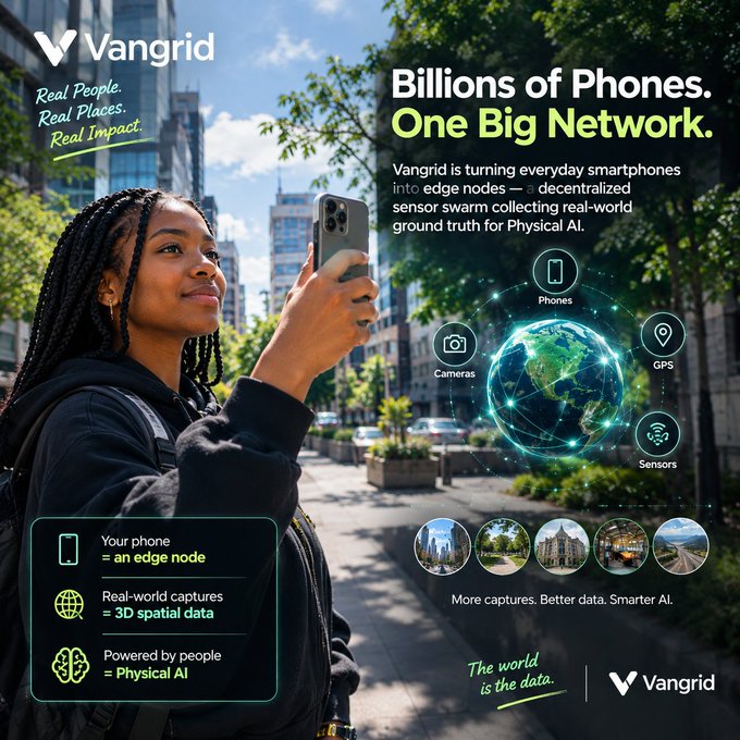 A Vangrid promotional graphic shows a woman holding a smartphone with the tagline 'Billions of Phones. One Big Network.', highlighting their decentralized sensor swarm technology.