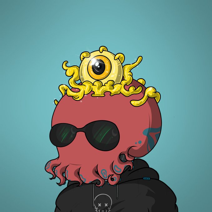 A digital illustration of a red octopus-like creature wearing black sunglasses and a black hoodie, with a large single golden eye surrounded by tentacles on top of its head, set against a teal background.