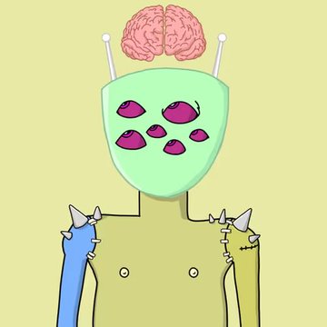 A surreal cartoon figure with an exposed brain, antennas, and a green mask with pink eye-like shapes, wearing a spiked green outfit against a pale yellow background.