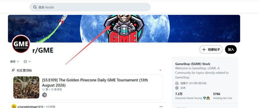 The image shows the r/GME Reddit community page with its banner featuring a monkey/astronaut character and "GME" logo, along with a post titled "[S5:E109] The Golden Pinecone Daily GME Tournament (13th August 2026)" with 12 comments. This relates to the post by illustrating the GME subreddit community whose "monkey" culture and GameStop background is referenced as the foundation for promoting a Monkey-themed Stock/NFT combination narrative.