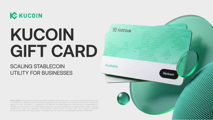 The image showcases a KuCoin Gift Card with a sleek green design, featuring a "Redeem" button, promoting KuCoin Pay's new feature that enables businesses to distribute USDT and USDC globally for rewards and incentives.