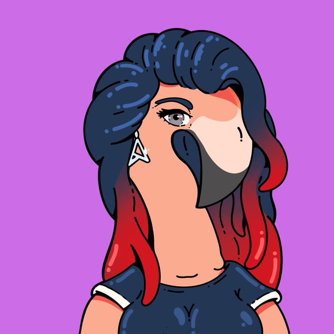 A digital illustration of a stylized young woman with dark blue and red gradient hair, wearing a black shirt and a triangular earring, set against a purple background.