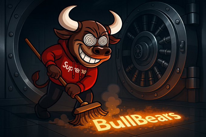 A cartoon bull character in a red Supreme hoodie sweeping the floor in front of a large vault door, with the text 'BullBears' displayed on the ground.
