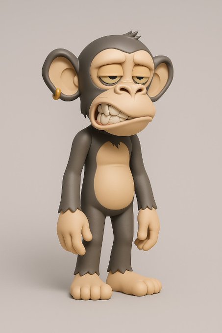 A 3D render of a cartoonish monkey character with a grumpy expression, a gold earring, and a beige belly standing against a plain background.