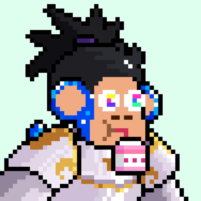A pixel art style image shows a character with dark dreadlocks, blue and white headphones, pixelated sunglasses with a rainbow lens effect, and a white outfit with gold accents, set against a pale green background.