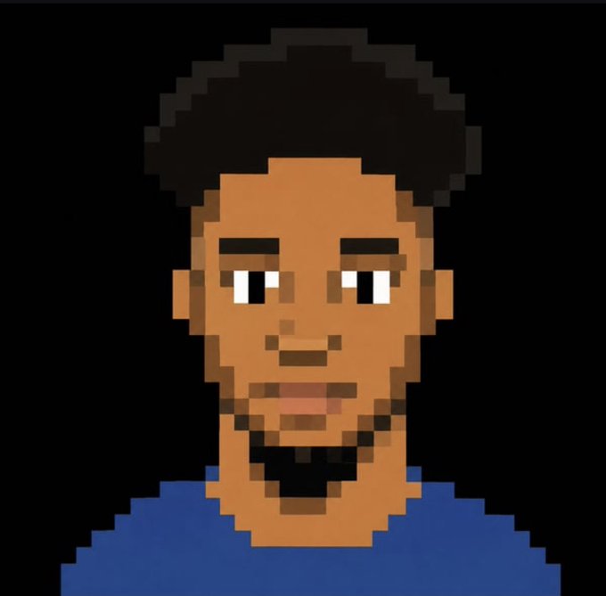 A pixel-art portrait of a young Black man with short dark hair, a goatee, and a blue shirt against a black background.
