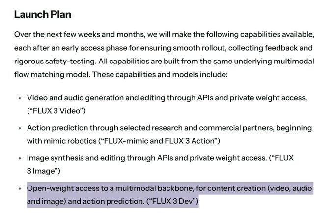 This document outlines the launch plan for FLUX 3, detailing capabilities for video, audio, image synthesis, and action prediction. The featured item highlights "FLUX 3 Dev," which offers open-weight access to a multimodal backbone for content creation and action prediction, aligning with the post's "FLUX 3 DEV" title.