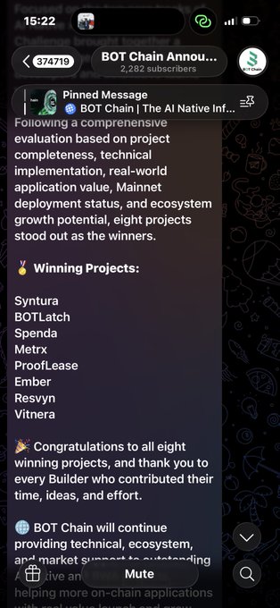 A screenshot of a Telegram chat from 'BOT Chain Annou...' announcing eight winning projects including Syntura, BOTLatch, Spenda, Metrx, ProofLease, Ember, Resvyn, and Vitnera.