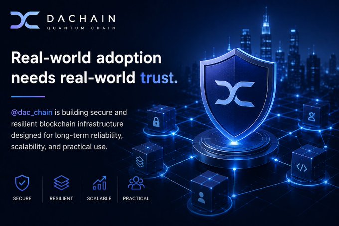 The image features a blue shield with the letters "DC" written on it, surrounded by blocks of code that represent different aspects of real-world adoption needs for trust. The text above the shield reads "Real-World Adoption Needs Real-World Trust." Below the shield, there is a list of items related to the post, including "@dac_chain is building secure and resilient blockchain infrastructure designed for long-term reliability, scalability, and practical use."