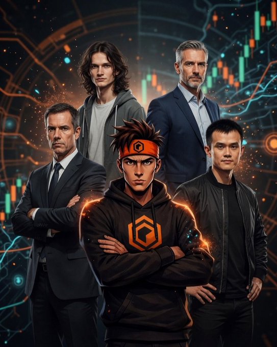 An illustration depicts five men standing together against a background of glowing financial charts and stock market graphs, with a central character wearing a black hoodie featuring an orange 'G' logo and a matching headband.