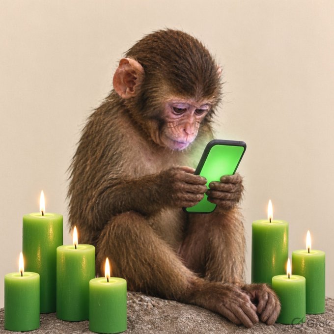 A young monkey sits surrounded by lit green candles, intently looking at a glowing green smartphone screen.