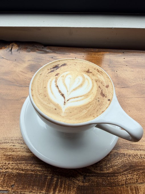 A cappuccino with leaf-pattern latte art and cocoa powder dusting, served in a white cup and saucer on a rustic wooden surface.