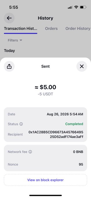 A cryptocurrency wallet transaction history screen showing a completed "Sent" transaction of $5.00 (≈5 USDT) on Aug 26, 2026, at 5:54 AM to recipient address "0x1AC28B5CD96673A4576649525D52adf174ae3aFf" with 0 BNB network fee and nonce 95, supporting the post's "5 persons left" message by visually confirming the $5 USDT send.