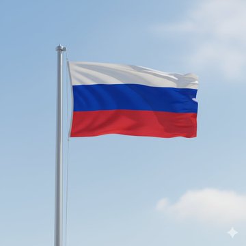 The flag of Russia (white, blue, and red horizontal stripes) waving against a light blue sky with scattered clouds.
