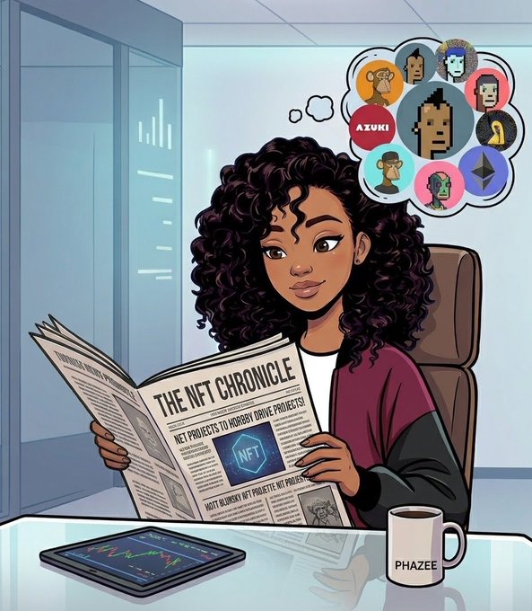 Illustration of a woman reading "THE NFT CHRONICLE" newspaper with BAYC/Azuki NFT avatars in a thought bubble, with a "PHAZEE" mug and chart tablet on the desk.