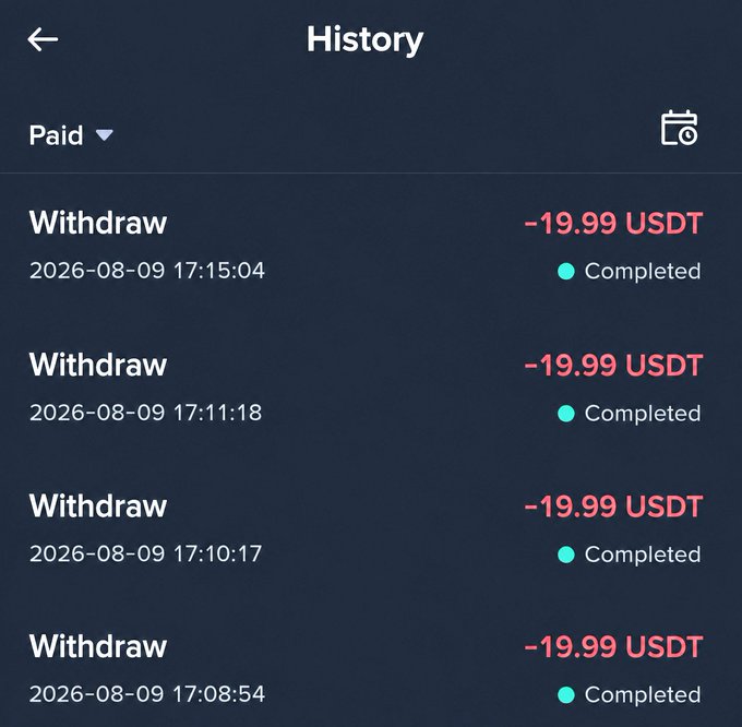 A screenshot of a "History" page showing four completed withdrawals of -19.99 USDT each on August 9, 2026. This appears to be a skeptical response to a $20 Solana giveaway scam, with the user sharing proof that such "giveaways" typically end up draining funds via small USDT withdrawals rather than paying out in SOL.