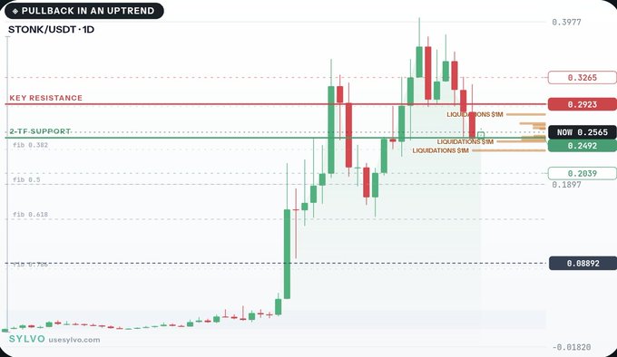 A TradingView daily chart of STONK/USDT showing a 'PULLBACK IN AN UPTREND' with key resistance at 0.3265, 2-TF support near 0.2492, and current price at 0.2565.