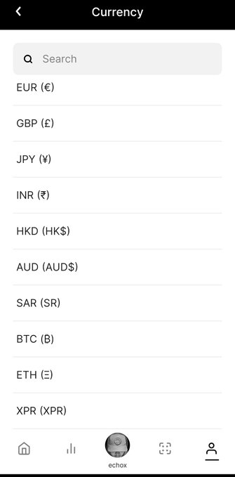 A mobile app screenshot showing a "Currency" selection menu with options including EUR (€), GBP (£), JPY (¥), INR (₹), HKD (HK$), AUD (AUD$), SAR (SR), BTC (Ƀ), ETH (Ξ), and XPR (XPR). The image relates to the post by highlighting the availability of XPR (XPR) as a selectable cryptocurrency in the wallet's currency settings.