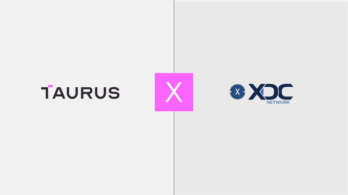 Image showing a partnership announcement between Taurus and XDC Network, with the Taurus logo on the left and XDC Network logo on the right, separated by a pink X.
