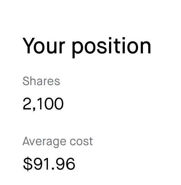 A screenshot showing 'Your position' with 'Shares' at 2,100 and 'Average cost' at $91.96.