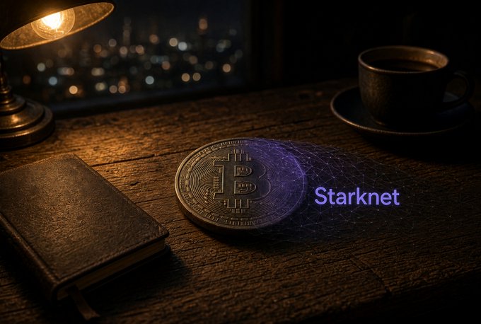 A Bitcoin coin resting on a wooden table beside a leather wallet and coffee cup, with a holographic purple sphere labeled "Starknet" overlaid on it, set against a dark cityscape background.