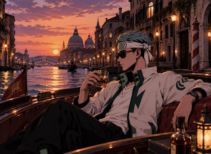 An anime-style illustration of a young man with white hair and a headband, wearing sunglasses and a white jacket, lounging in a boat on a Venetian waterway at sunset while holding a glass of amber liquid.