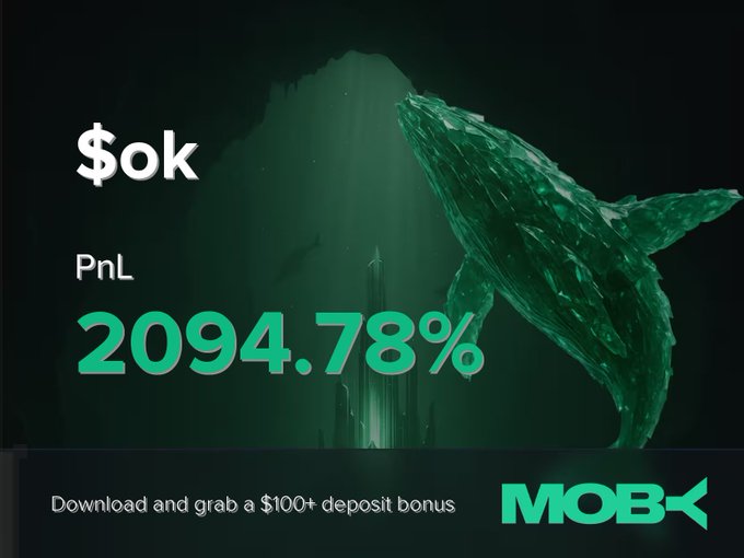 A promotional graphic for Moby displays a dramatic underwater scene featuring a crystal-like whale alongside key trading metrics: the ticker "$ok" and an impressive PnL of "2094.78%" in bold green text. The bottom of the image invites viewers to "Download and grab a $100+ deposit bonus," highlighting the platform's celebration of a trader's extraordinary gains.