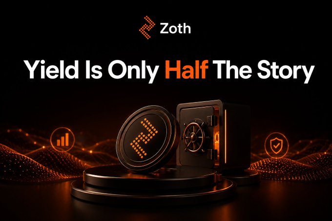 A promotional banner for Zoth reading 'Yield Is Only Half The Story', featuring a 3D rendering of a black coin with an 'X' symbol and a safe set against an orange particle landscape.