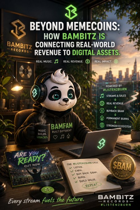A promotional image for 'BAMBITZ RECORDS' and '$BAM' token titled 'BEYOND MEMECOINS: HOW BAMBITZ IS CONNECTING REAL-WORLD REVENUE TO DIGITAL ASSETS,' featuring a panda mascot wearing headphones.