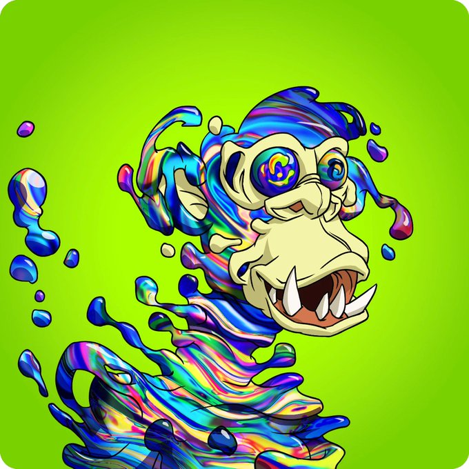 Digital artwork of a psychedelic, liquid-like monkey skull with iridescent multicolored swirls against a vibrant green background.