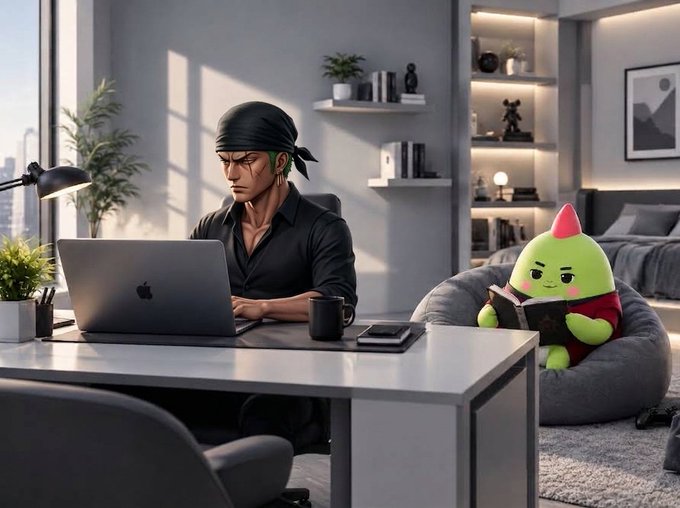 A digitally illustrated scene shows a man in black clothing with a bandana working on an Apple laptop at a desk, while a small green plush character reads a book on a beanbag chair nearby.